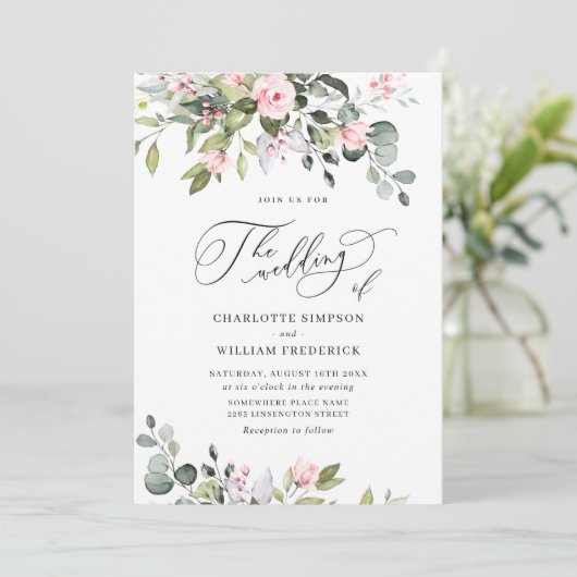 Elegante Eucalyptus Blush Rozen QR code Bruiloft Kaart (Staand voorkant)