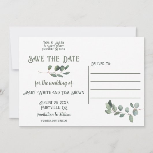 Elegante Eucalyptus Boho Groene Huwelijk Save The Date (Achterkant)