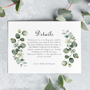 Elegante Eucalyptus boog groen bruiloft details RSVP Kaartje