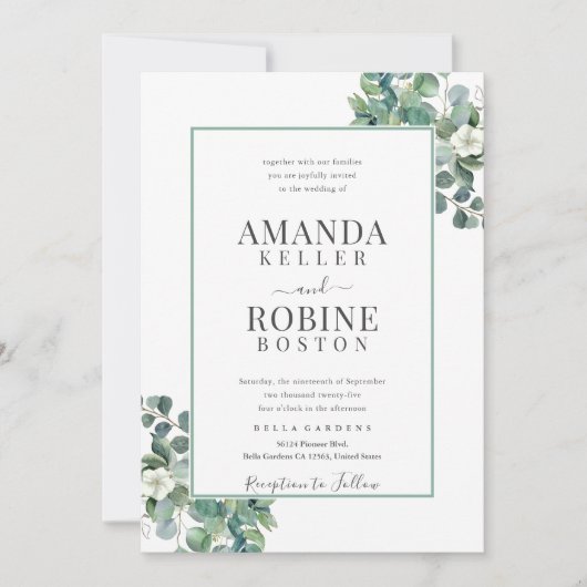 Elegante Eucalyptus Border Huwelijksuitnodiging Kaart (Voorkant)