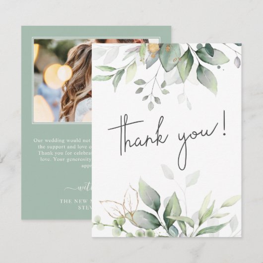Elegante eucalyptus botanische foto bruiloft bedankkaart (Voorkant / Achterkant)