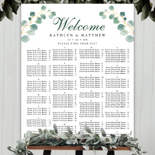 Elegante Eucalyptus Bruiloft Alfabetische Zitplaat Poster