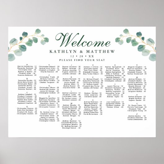 Elegante Eucalyptus Bruiloft Alfabetische Zitplaat Poster (Voorkant)