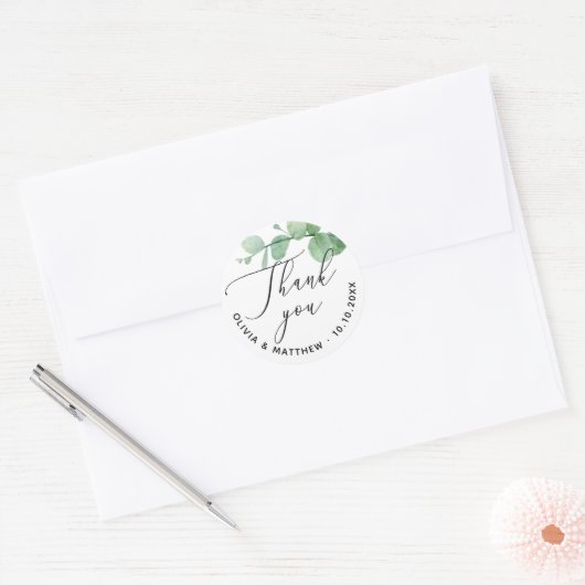 Elegante Eucalyptus bruiloft Dank u | groen Ronde Sticker (Envelop)