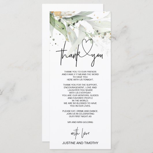 Elegante Eucalyptus bruiloft Dank u Tafel instelli Menu (Voorkant / Achterkant)