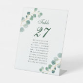 Elegante Eucalyptus Bruiloft Gast Naam Tafelnummer Reclamebord Met Voetstuk (Voorkant)