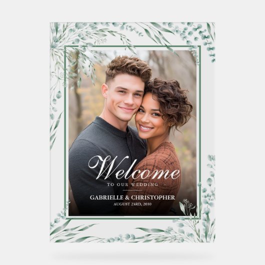 Elegante Eucalyptus Bruiloft Welkom Foto  Acryl Bord (Voorkant)