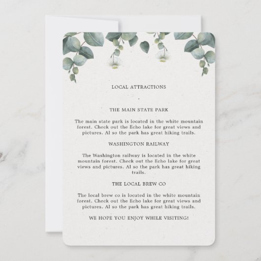 Elegante Eucalyptus Bruiloftsdag Itinerary Aankondiging (Achterkant)