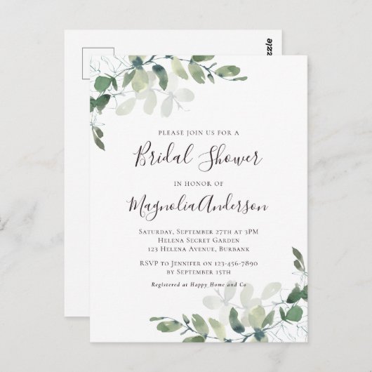 Elegante Eucalyptus Bruiloftsinvitation Briefkaart (Voorkant / Achterkant)