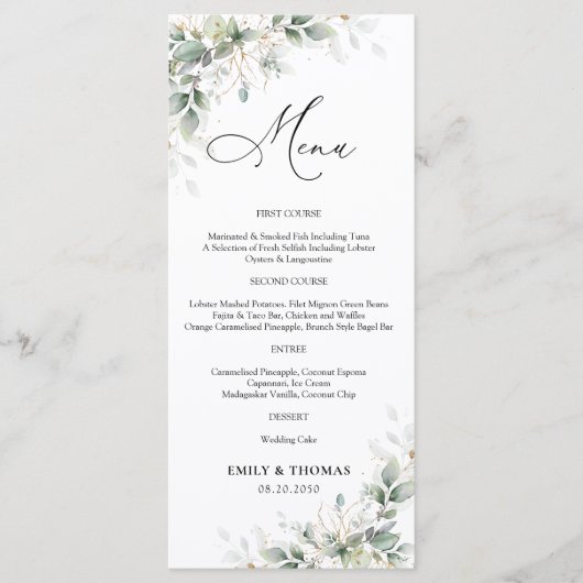 Elegante Eucalyptus Bruiloftsmenu Menu (Voorkant)