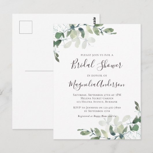 Elegante Eucalyptus Bruiloftsuitnodiging Briefkaart (Voorkant / Achterkant)