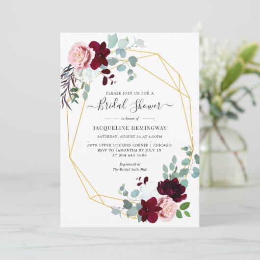 Elegante Eucalyptus Burgundy Bloemige Bruiloft Bor Kaart (Staand voorkant)