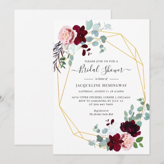 Elegante Eucalyptus Burgundy Bloemige Bruiloft Bor Kaart (Voorkant / Achterkant)