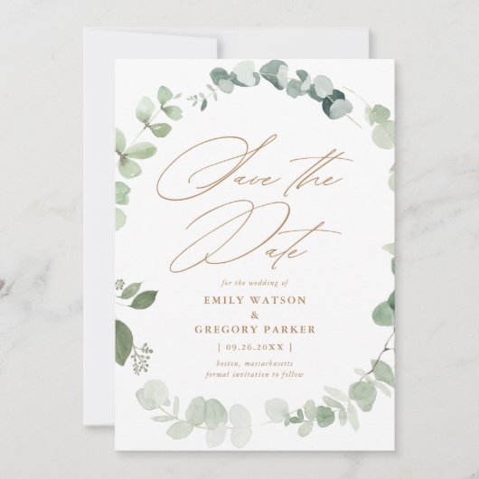 Elegante Eucalyptus Calligrafie Gouden bruiloft Save The Date (Voorkant)