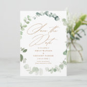 Elegante Eucalyptus Calligrafie Gouden bruiloft Save The Date (Staand voorkant)