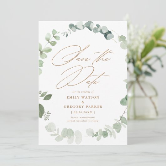 Elegante Eucalyptus Calligrafie Gouden bruiloft Save The Date (Staand voorkant)
