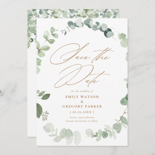 Elegante Eucalyptus Calligrafie Gouden bruiloft Save The Date (Voorkant / Achterkant)