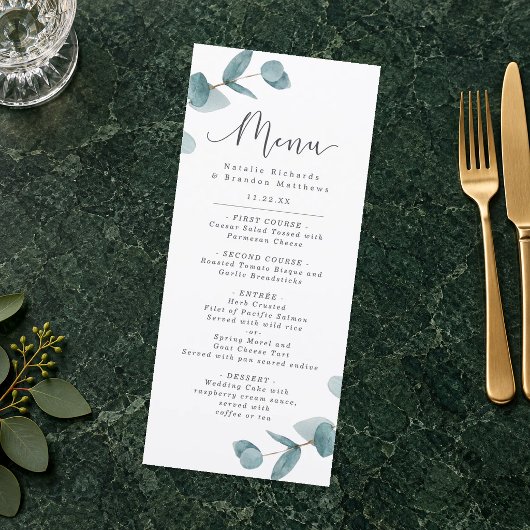 Elegante Eucalyptus & Calligrafie Script Diner Menu