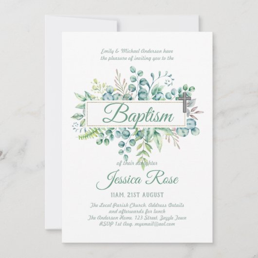 Elegante Eucalyptus Doop Christening Groene Decora Kaart (Voorkant)