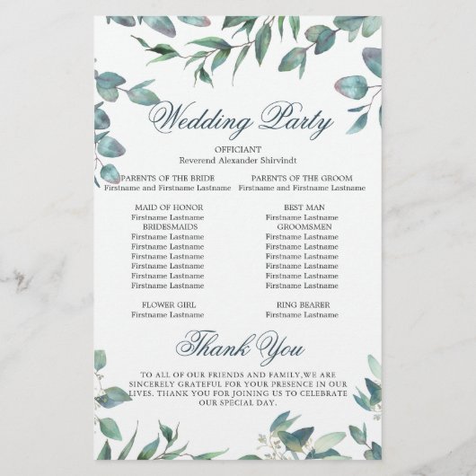 Elegante Eucalyptus Eenvoudig Huwelijksceremonie P (Achterkant)