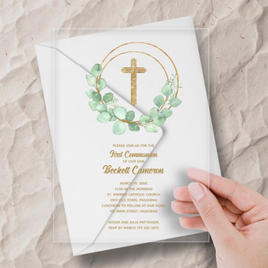 Elegante Eucalyptus Eerste Communie Acryl Uitnodigingen
