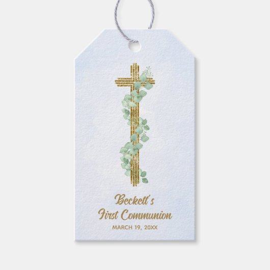 Elegante Eucalyptus en Cross Blue Eerste Communie Cadeaulabel (Voorkant)
