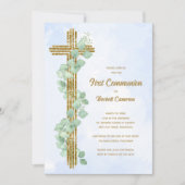 Elegante Eucalyptus en Cross Blue Eerste Communie Kaart (Voorkant)