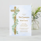 Elegante Eucalyptus en Cross Blue Eerste Communie Kaart (Staand voorkant)