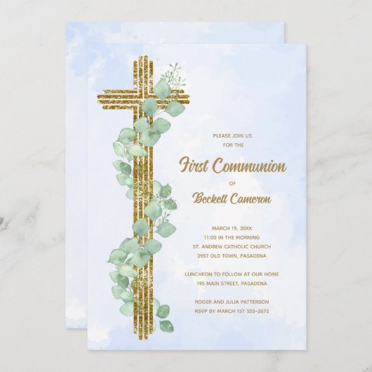 Elegante Eucalyptus en Cross Blue Eerste Communie Kaart (Voorkant / Achterkant)