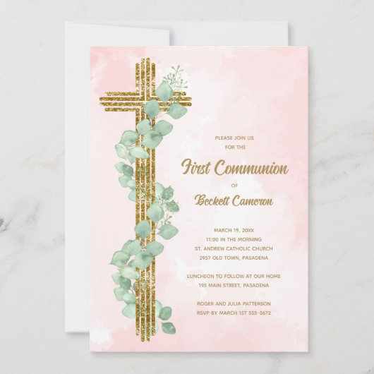 Elegante Eucalyptus en Cross Pink Eerste Communie Kaart (Voorkant)