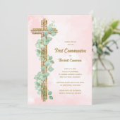 Elegante Eucalyptus en Cross Pink Eerste Communie Kaart (Staand voorkant)