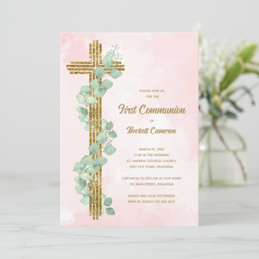 Elegante Eucalyptus en Cross Pink Eerste Communie Kaart (Staand voorkant)
