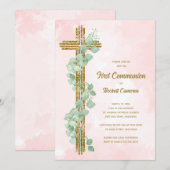Elegante Eucalyptus en Cross Pink Eerste Communie Kaart (Voorkant / Achterkant)