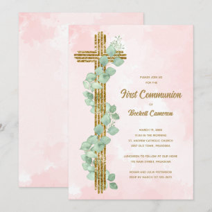 Elegante Eucalyptus en Cross Pink Eerste Communie Kaart