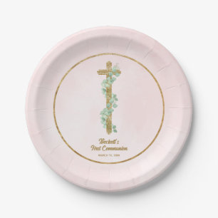 Elegante Eucalyptus en Cross Pink Eerste Communie Papieren Bordje