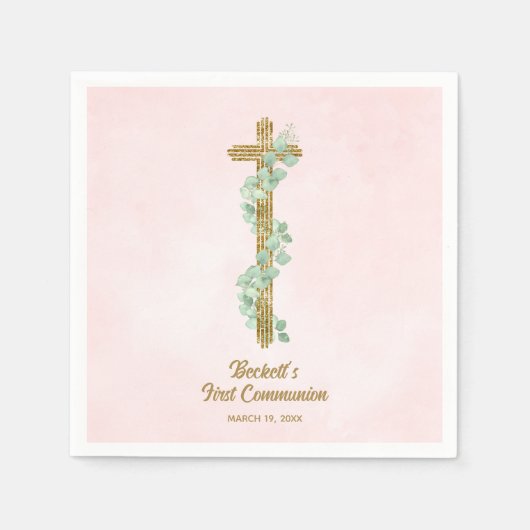 Elegante Eucalyptus en Cross Pink Eerste Communie Servet (Voorkant)