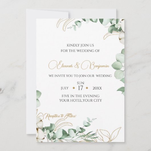 Elegante Eucalyptus en Gouden Groene Huwelijk Kaart (Voorkant)