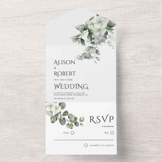Elegante eucalyptus en witte bloemen bruiloft all in one uitnodiging (Binnen)