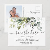 Elegante Eucalyptus Foto Bruiloft Save the Date Aankondigingskaart (Voorkant / Achterkant)