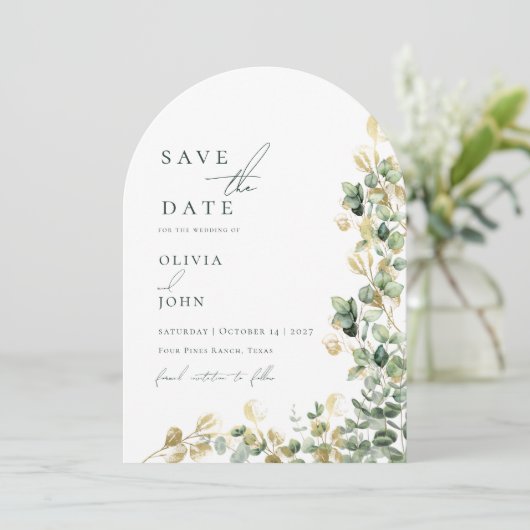 Elegante Eucalyptus Foto Bruiloft Save the Date Kaart (Staand voorkant)