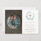 Elegante Eucalyptus Foto Gouden Kruis Doop Kaart (Voorkant)