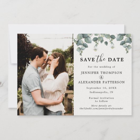 Elegante Eucalyptus Foto Save The Date (Voorkant)