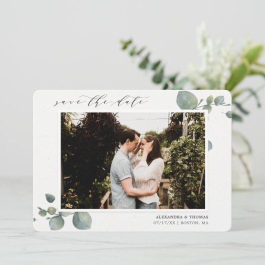 Elegante Eucalyptus foto Save The Date (Staand voorkant)