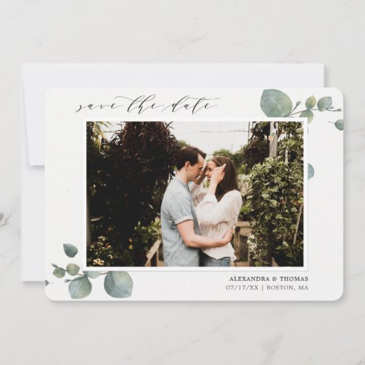 Elegante Eucalyptus foto Save The Date (Voorkant)