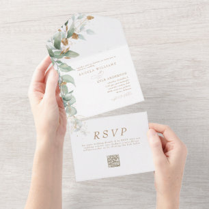 Elegante Eucalyptus Glam QR Code Bruiloft All In One Uitnodiging