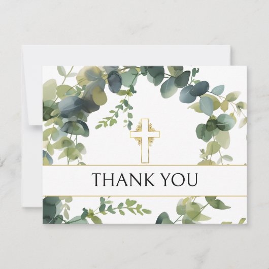 Elegante Eucalyptus Gold Cross Memorial Dank u Bedankkaart (Voorkant)