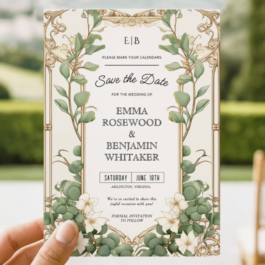 Elegante Eucalyptus Gold Lijst Save the Date Kaart
