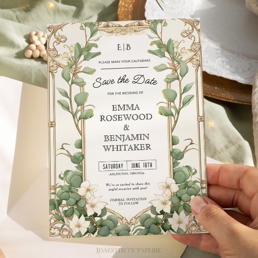 Elegante Eucalyptus Gold Lijst Save the Date Kaart