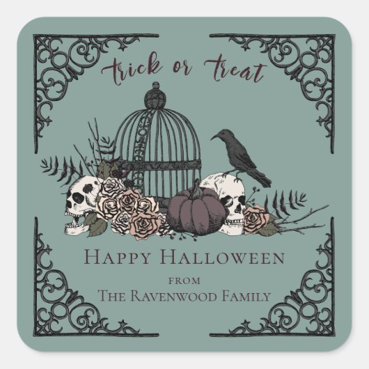 Elegante Eucalyptus Gothic Happy Halloween Vierkante Sticker (Voorkant)