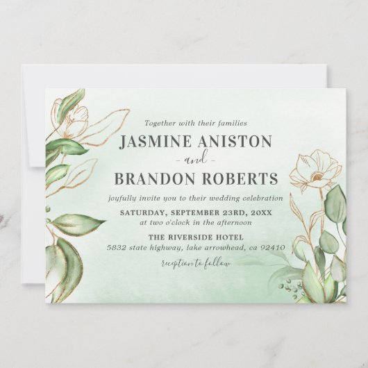 Elegante Eucalyptus Gouden Bruiloft Kaart (Voorkant)